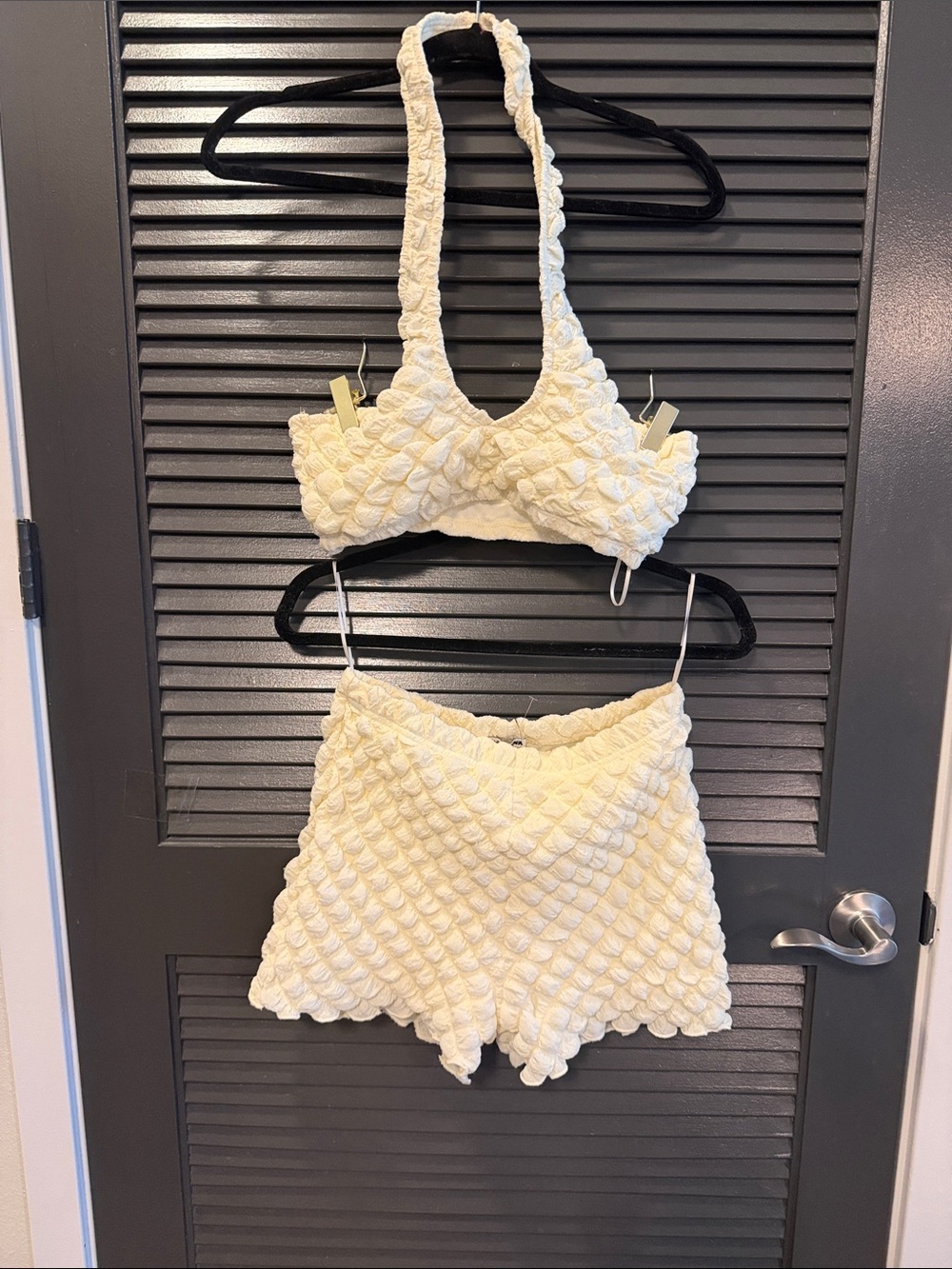 Fashion Nova Cream Textured Scallop Halter Top & Shorts Set
